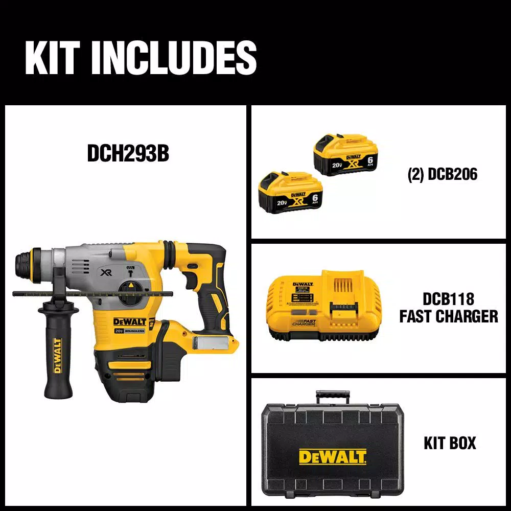 DEWALT 20V MAX XR Brushless 1-1/8 in. SDS Plus L-Shape Rotary Hammer Kit with (2) 6.0Ah Batteries & Charger