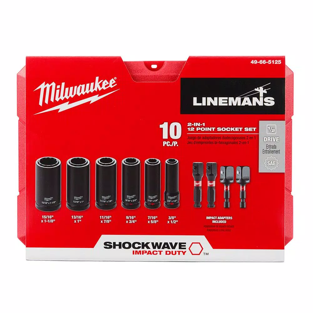 Milwaukee SHOCKWAVE Lineman's 1/2 in. Drive 2-in-1 12-Point Socket Set, 10-Piece