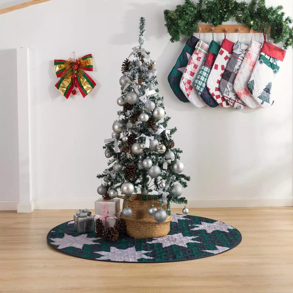 Country Living 48 in. Christmas Carol Plaid and Star Quilted Tree Skirt, Navy and Green