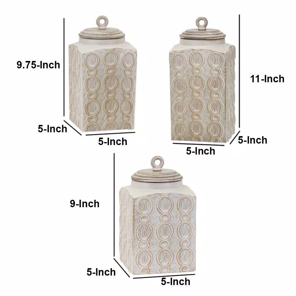 Benjara Dreanna 3-Piece White Ceramic and Mango Wood Canister Set with Distressed Cream Finish