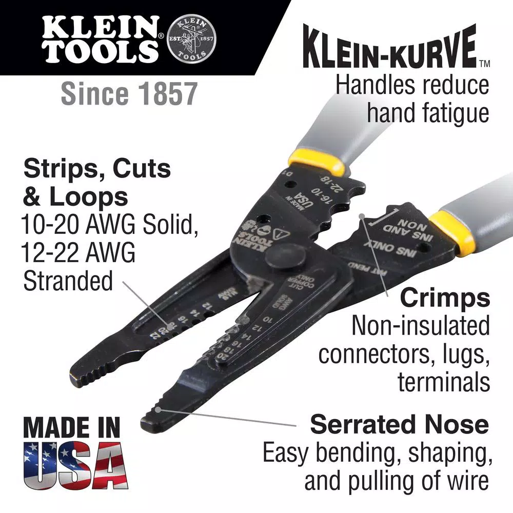 Klein Tools 7 in. Long Nose Wire Stripper and Cutter, 10-20 AWG Solid & 12-22 AWG Stranded, Multi-Tool Crimper