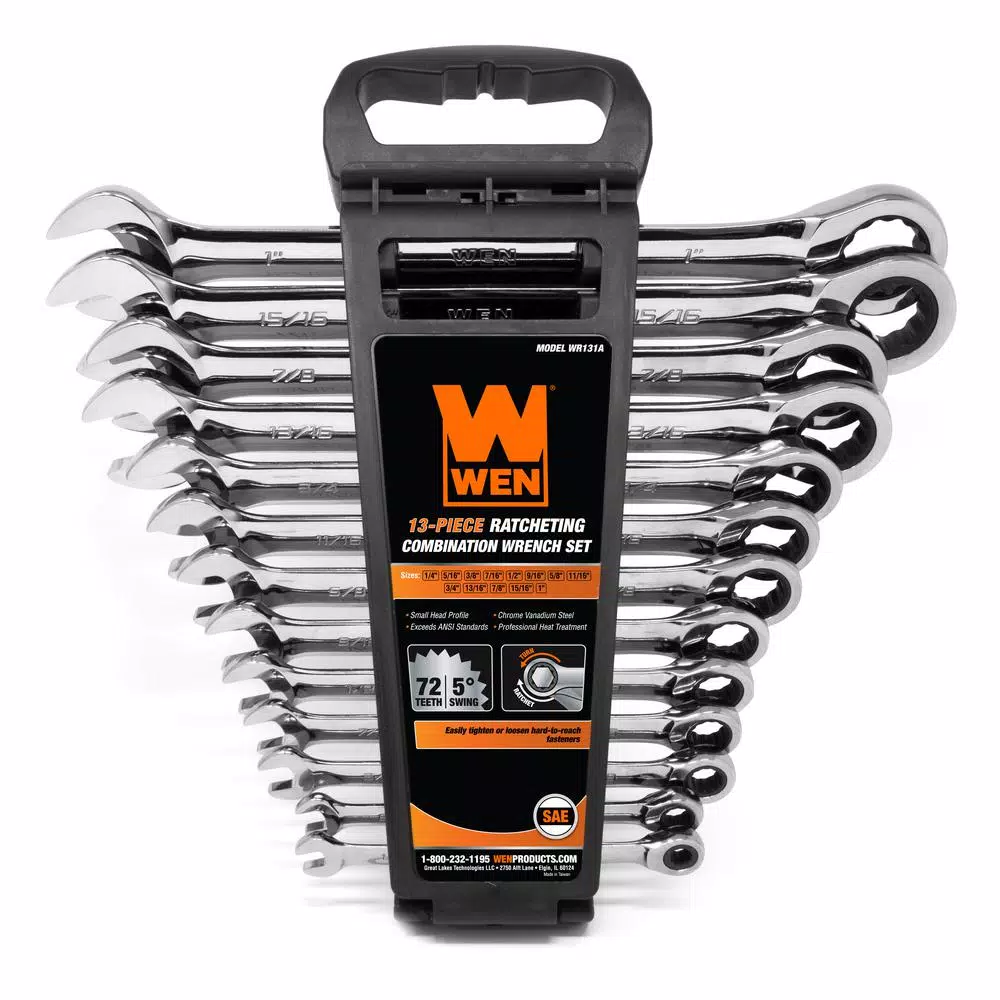 WEN 13-Piece Professional SAE Ratcheting Combination Wrench Set with Storage Rack