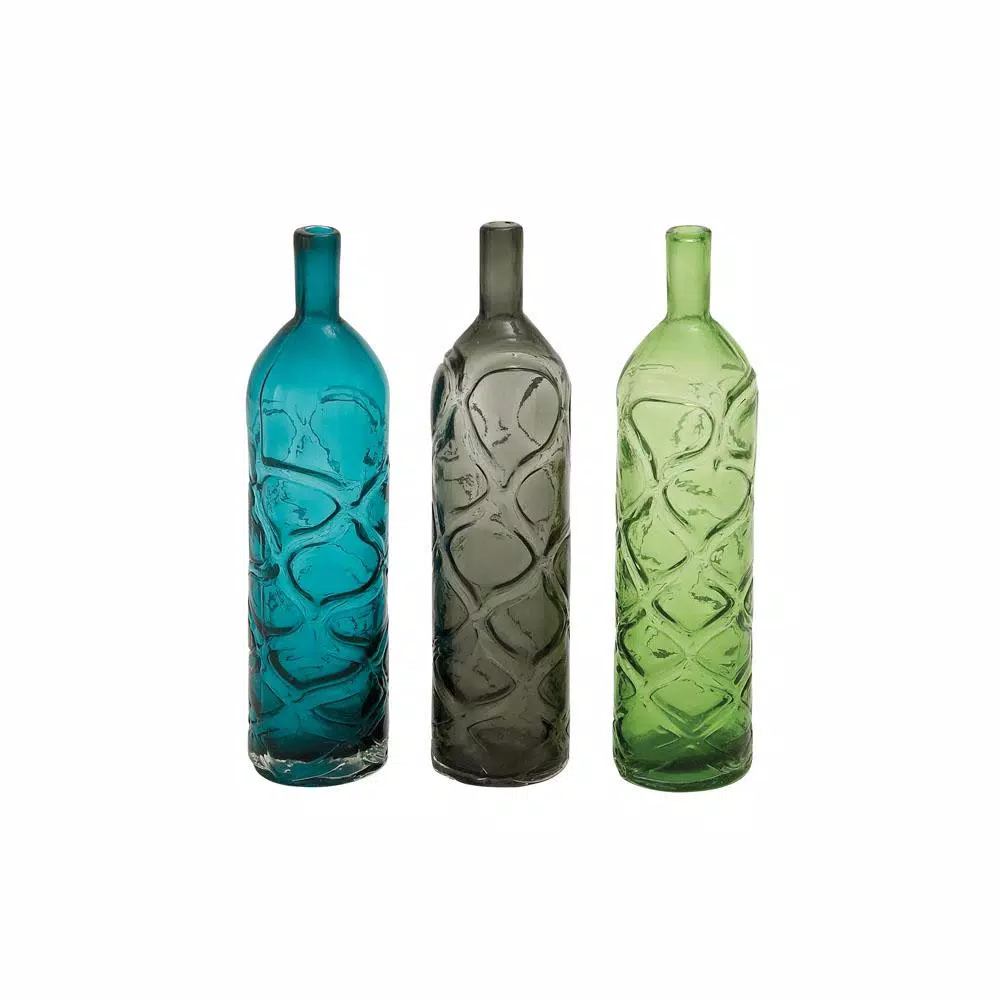 LITTON LANE 16 in. Polished Glass Spouted Vases with Geometric Embossed Embellishments, Set of 3