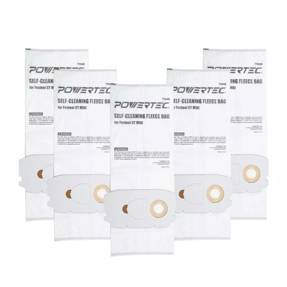 POWERTEC Self-Cleaning Replacement Filter Bags for Festool CT Midi (498411) - 5-Pack