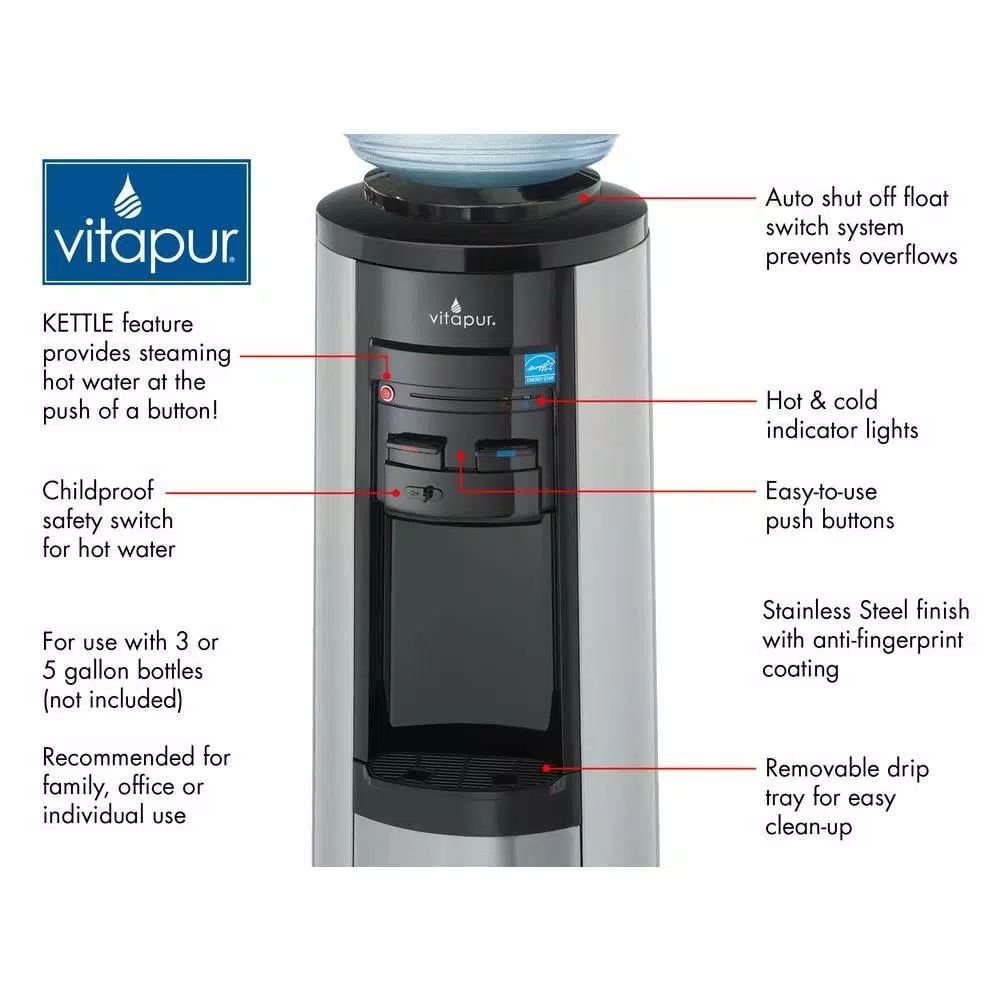 VITAPUR Stainless Steel Top Load Water Cooler Dispenser with Kettle Feature, Hot/Room/Cold