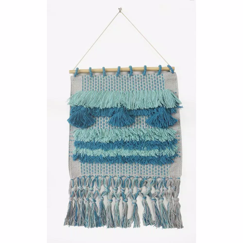 LR Home Coast Gray & Teal Fringed Tufted Cotton Wall Tapestry - Bohemian Coastal Wall Hanging