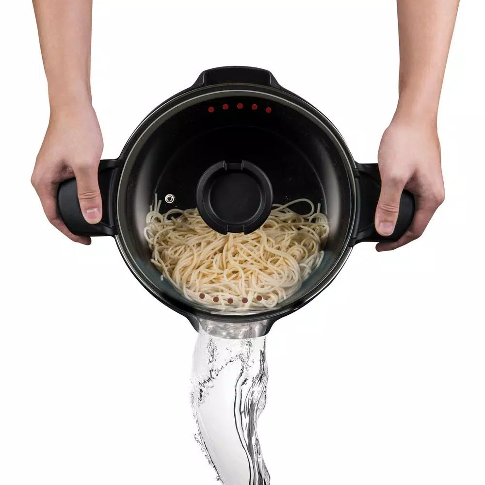 MasterPan 5 Qt. Cast Aluminum Non-Stick Stock and Pasta Pot with Glass Lid and Easy Pour Spout, Black