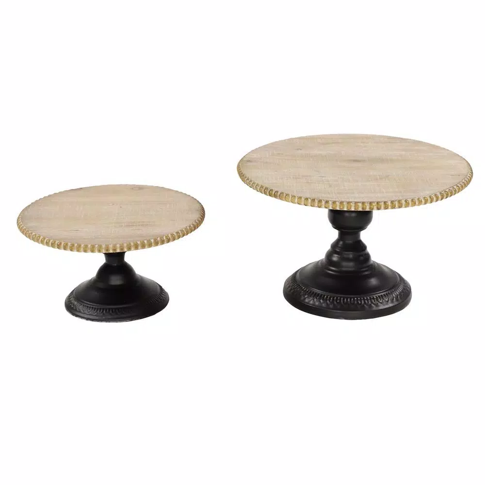 LITTON LANE Natural Beige Chinese Fir Wood and Black Iron Round Decorative Tray Stands Set of 2