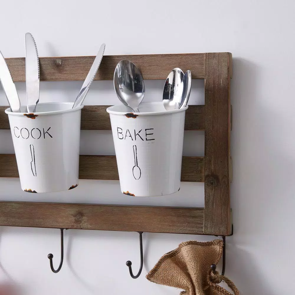 DANYA B DANAYA B. FHB2605 Rustic Hanging Utensil Caddy with 3 Tin Buckets and 5 Hooks