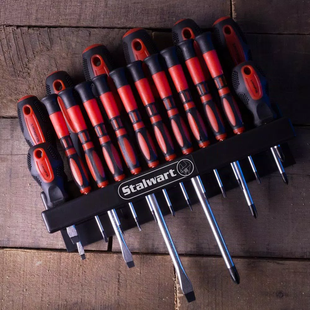 Stalwart 18-Piece Screwdriver Set with Magnetic Tips and Wall Mountable Rack