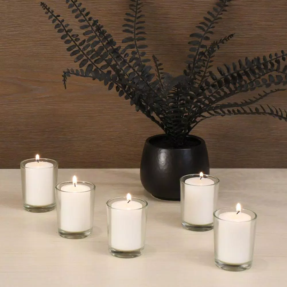 LUMABASE White Unscented Paraffin Votive Candles with Clear Glass Holders, 12-Count, 15-Hour Burn Time