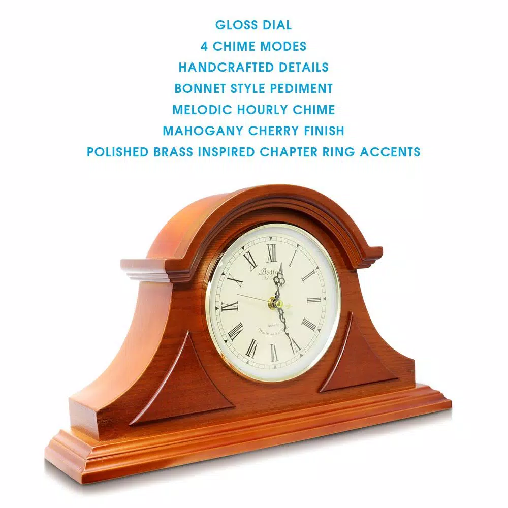 Bedford Clock Collection Mahogany Cherry Mantel Clock with 4 Chime Settings and Volume Control