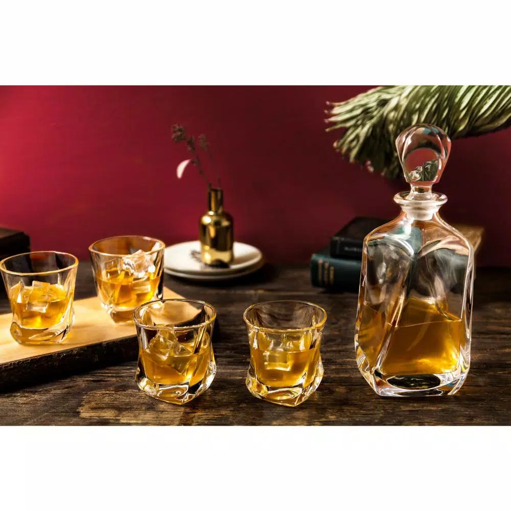 JoyJolt Aurora Crystal Whiskey Decanter Set with 4 Old Fashioned Glasses