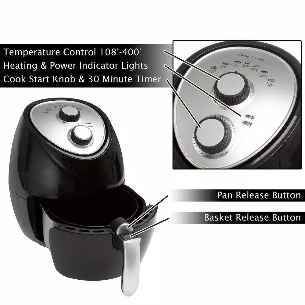 Classic Cuisine 3.7 Qt. Oil-Free Air Fryer, 1500W, Black