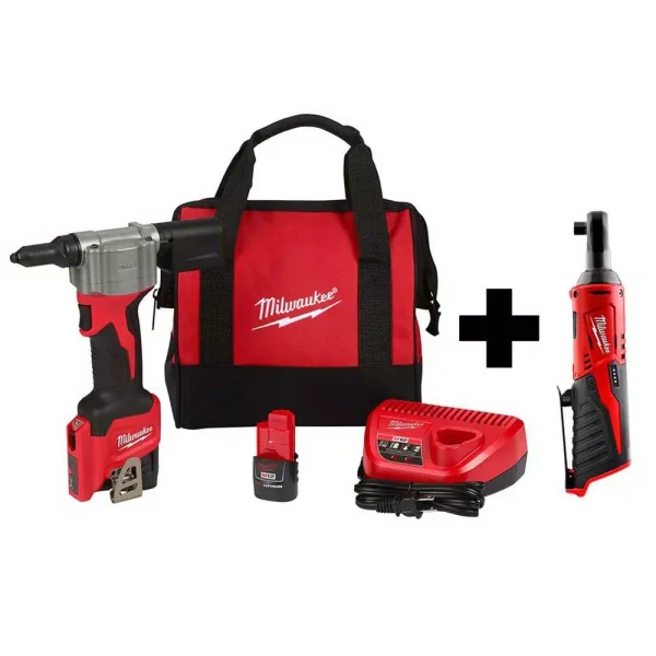 Milwaukee M12 12V Lithium-Ion Cordless Rivet Tool Kit with 3/8 in. Ratchet