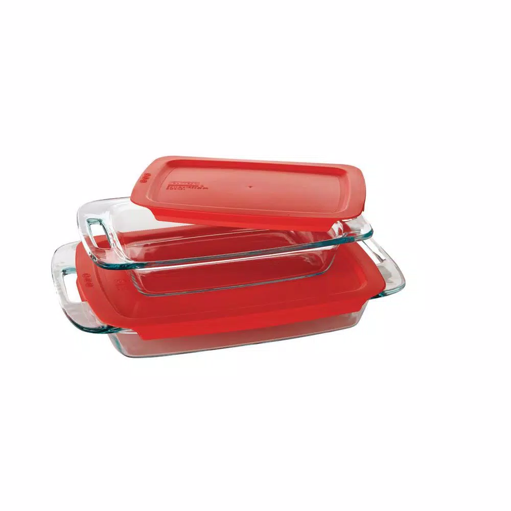 Pyrex Easy Grab 4-Piece Glass Bakeware Set with Red Lids, 2 Qt. and 3 Qt. Rectangular Casserole Dishes