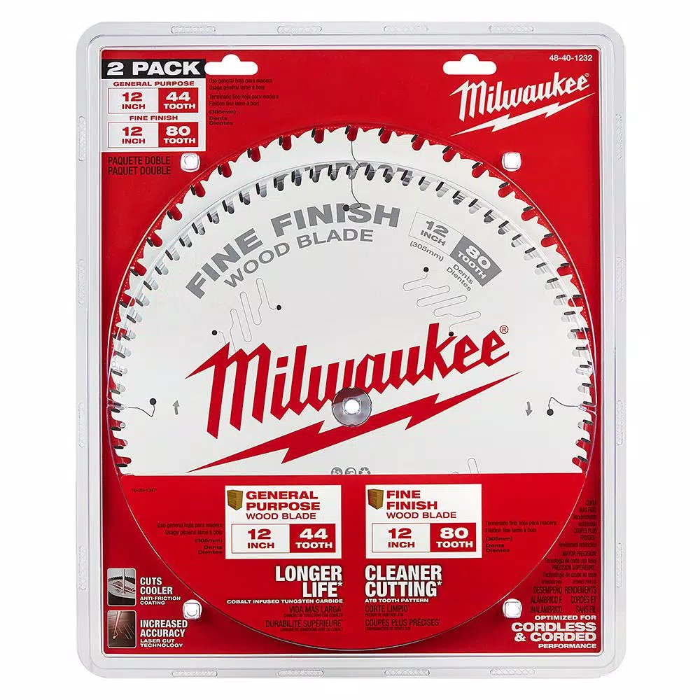 Milwaukee 12 in. Circular Saw Blade 2-Pack, 44-Tooth General Purpose & 80-Tooth Fine Finish Carbide Blades