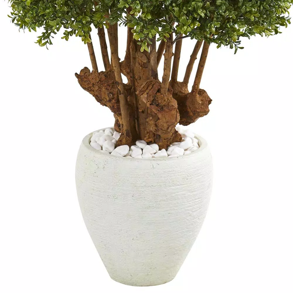 Nearly Natural 41 in. Artificial Boxwood Topiary Tree in White Planter with White Rocks