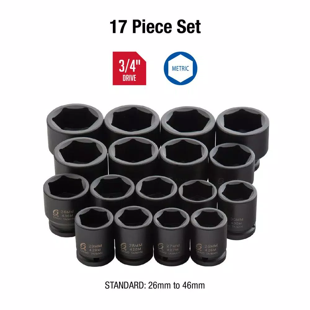 SUNEX TOOLS Sunex 4684 3/4 in. Drive Metric Heavy Duty Impact Socket Set, 17-Piece