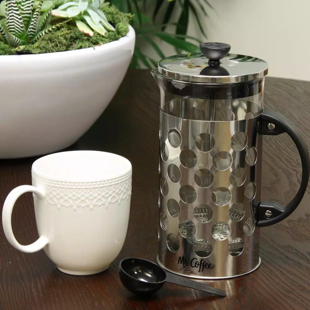 Mr. Coffee Polka Dot Brew 4-Cup Silver French Coffee Press with Scoop, 32 oz.