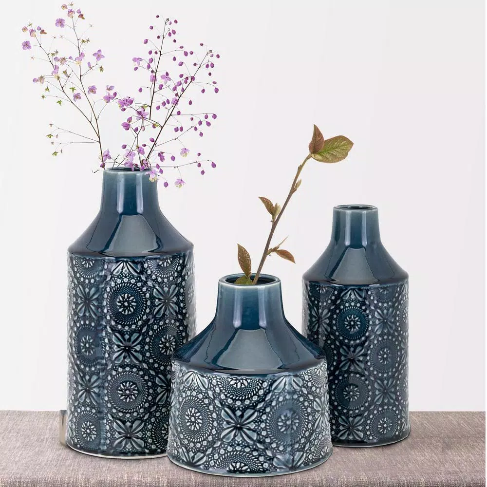 Benjara Athena Glazed Cerulean Blue Ceramic Floral Vases, Set of 3