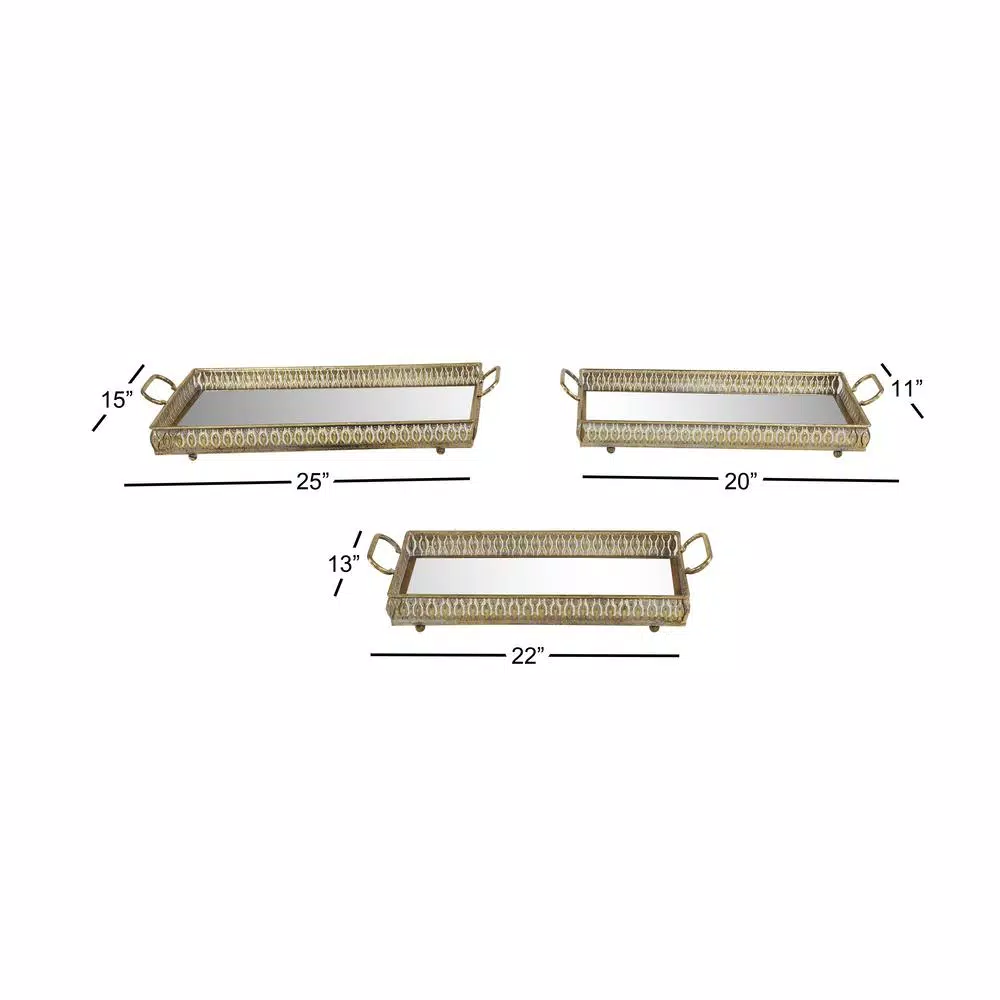 LITTON LANE Set of 3 Large Rectangular Metallic Gold Mirror Vanity Trays with Pierced Metal Designs