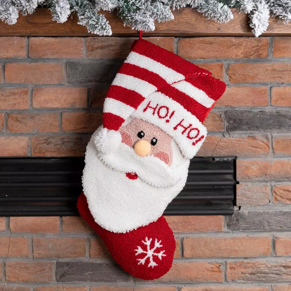 Glitzhome 20 in. Handmade Hooked Christmas Stocking with 3D Santa Design - Red & White