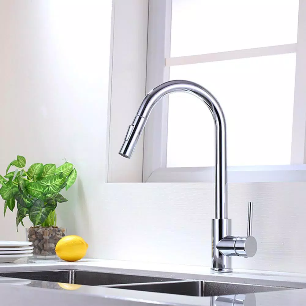 Vanity Art Chrome Single-Handle Pull-Down Kitchen Faucet with 360° Swivel Spout