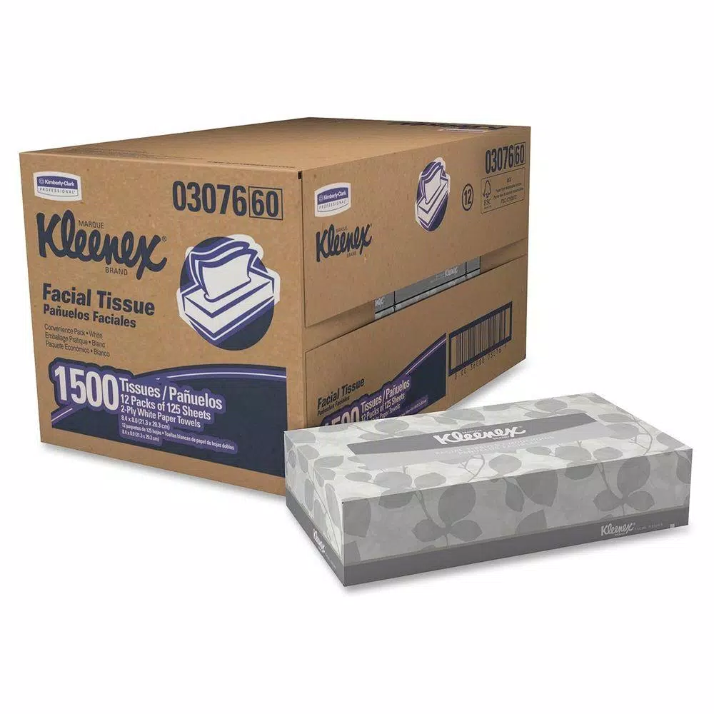 Kleenex Facial Tissue 2-Ply, 125 Sheets per Box, 12 Boxes per Carton (1500 Sheets Total)