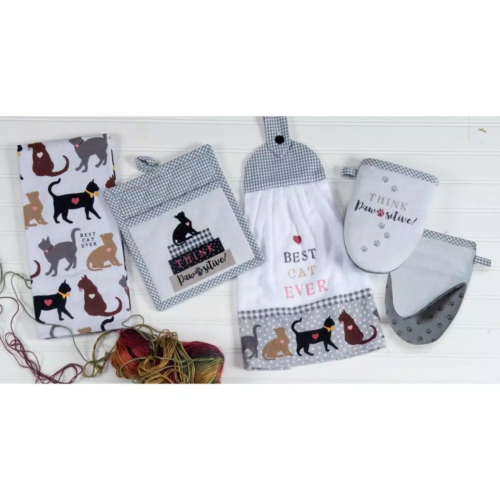 Kay Dee Fur Real Pets Cat Themed Cotton Kitchen Textile Set, 4-Piece Tan Pot Holder & Towel Set