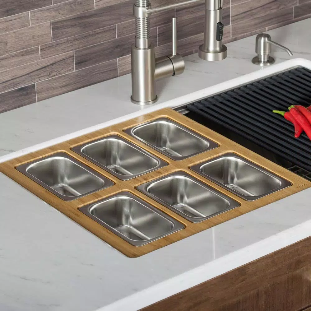 Kraus Workstation Kitchen Sink Accessory Set with Bamboo Serving Board and 6 Stainless Steel Prep Bowls