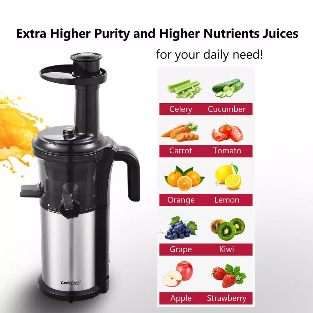Boyel Living 200W Stainless Steel Slow Masticating Juicer, Quiet Cold Press Juicer with Reverse Function, Silver