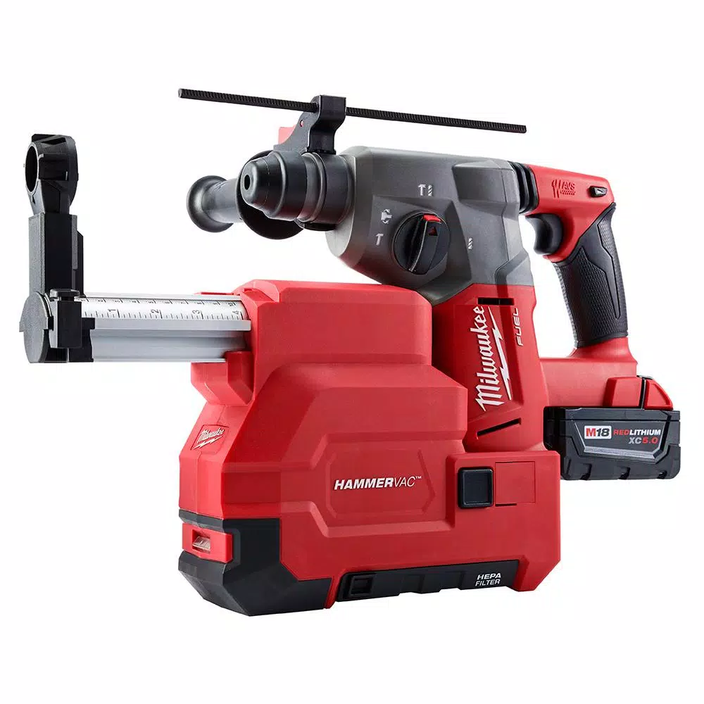 Milwaukee M18 FUEL 1 in. SDS-Plus Rotary Hammer with HAMMERVAC Dust Extractor Kit, (2) 5.0 Ah Batteries
