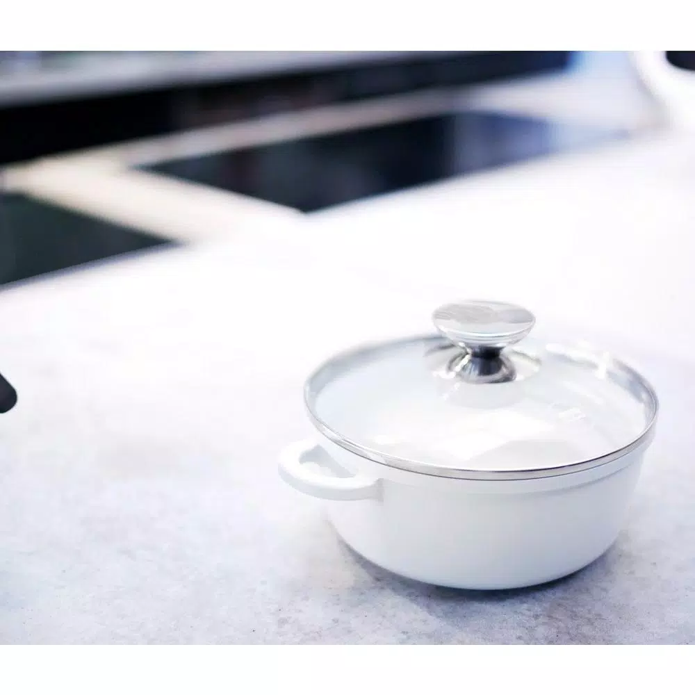 Berndes Vario Click Pearl 1.25 Qt. Round Cast Aluminum Ceramic Nonstick Dutch Oven with Glass Lid, White