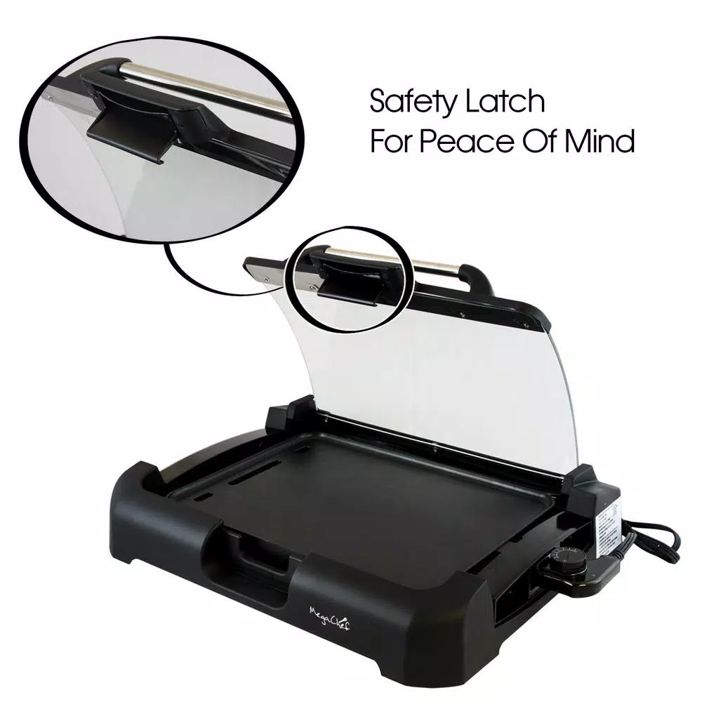 MegaChef 165 sq. in. Reversible Indoor Grill and Griddle with Removable Glass Lid, Black