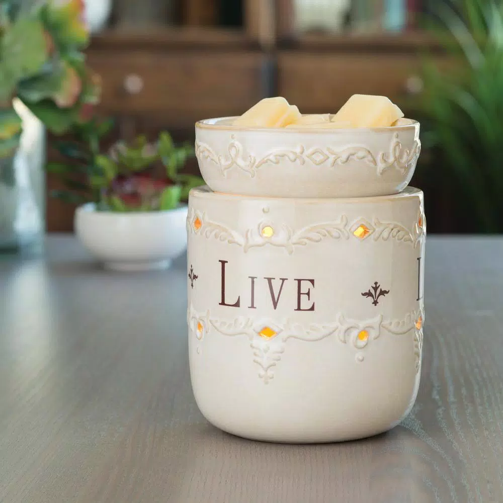 Candle Warmers Etc 8.8 in. Live, Laugh, Love Ivory Reactive Glazed Fragrance Warmer