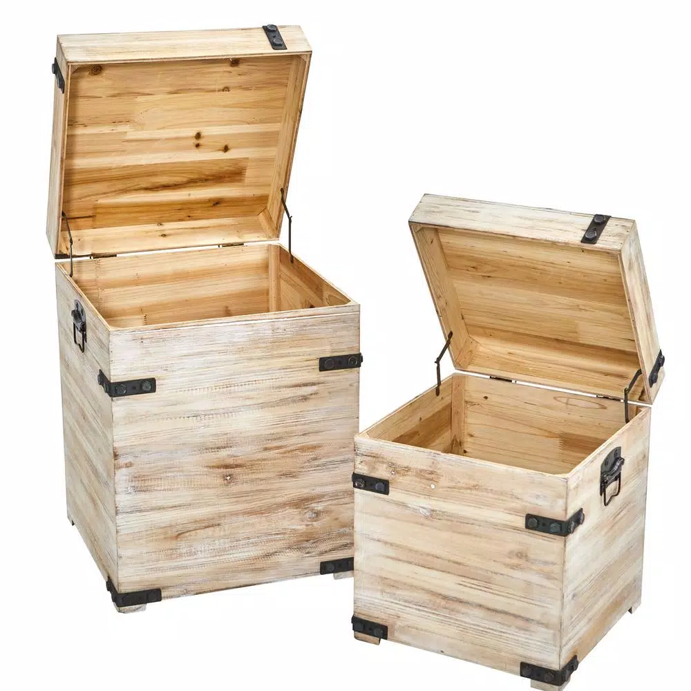 Nearly Natural Rustic White Wash Wood Decorative Storage Boxes with Metal Detail, Set of 2