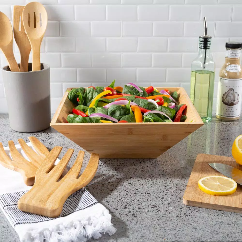 Classic Cuisine 11 in. Square Bamboo Salad Bowl Set with Two Utensils