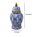 Benjara Blue and White Ceramic Temple Jar with Dahlia Flower Design and Gold Accents thumbnail 5