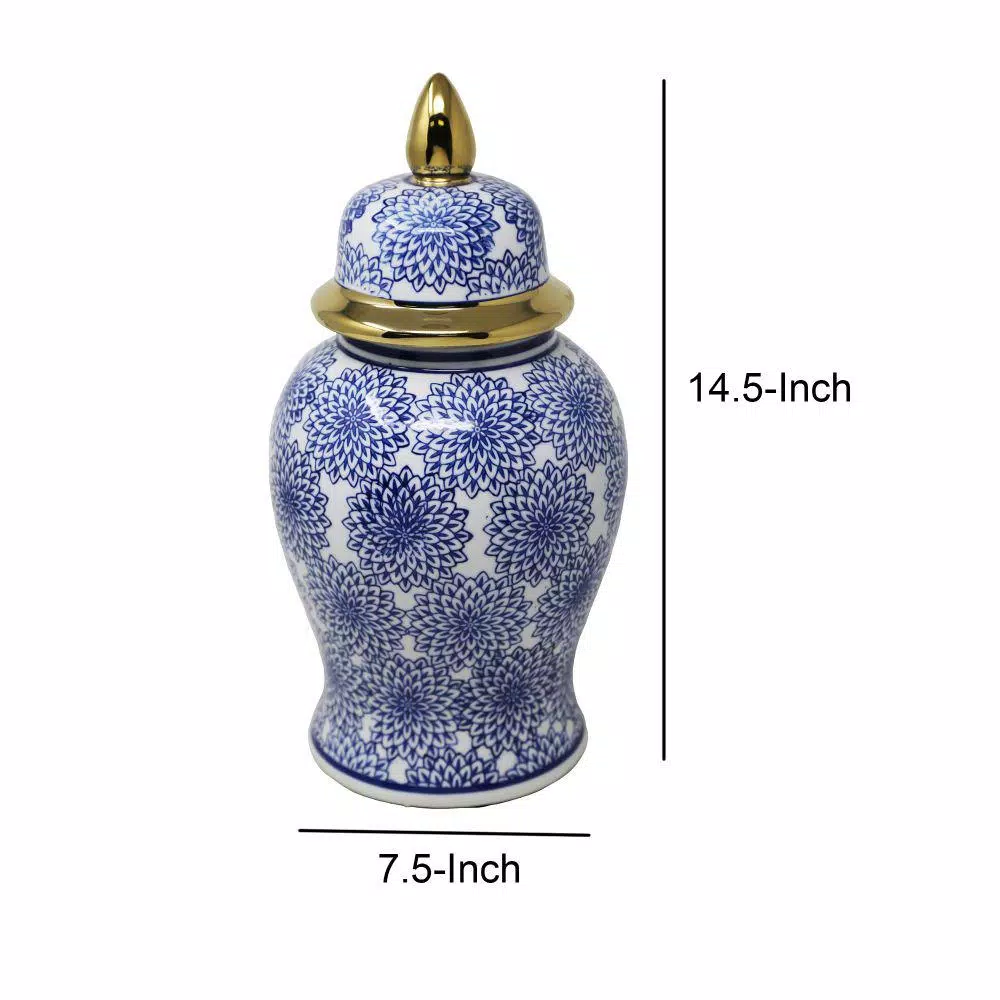 Benjara Blue and White Ceramic Temple Jar with Dahlia Flower Design and Gold Accents