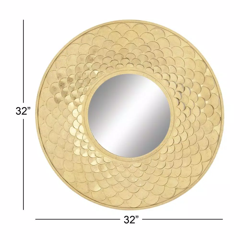 LITTON LANE 32 in. Round Gold Contemporary Iron Accent Mirror with Raised Scale Pattern