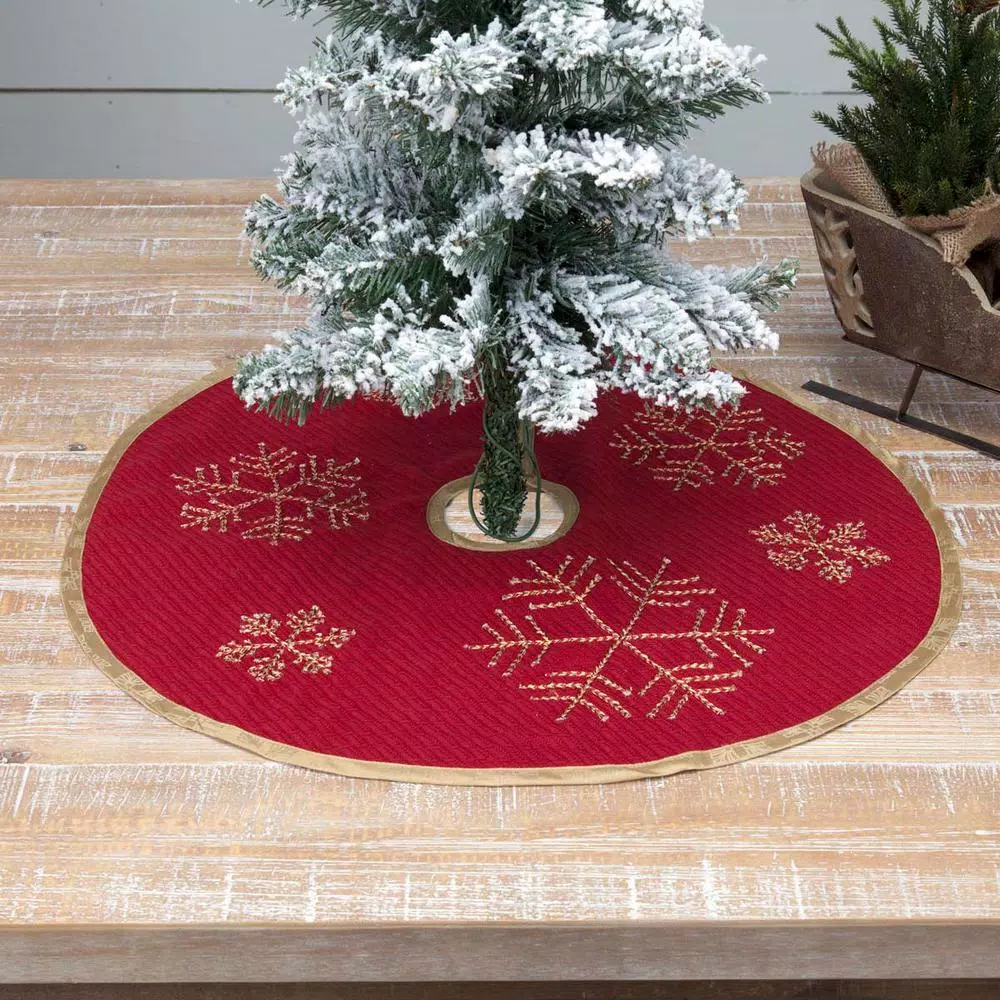 VHC Brands Revelry 21 in. Brick Red Traditional Christmas Mini Tree Skirt with Embroidered Snowflakes