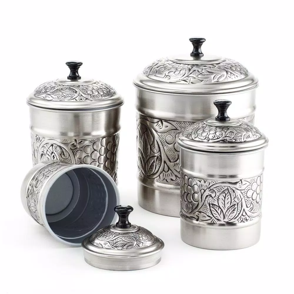 Old Dutch Heritage 4-Piece Antique Pewter Embossed Canister Set, Stainless Steel