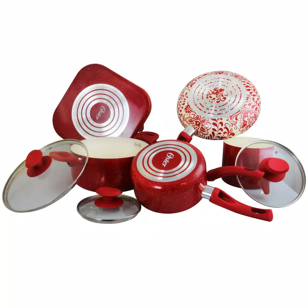 Oster San Jacinto 9-Piece Aluminum Nonstick Cookware Set, Red Speckle
