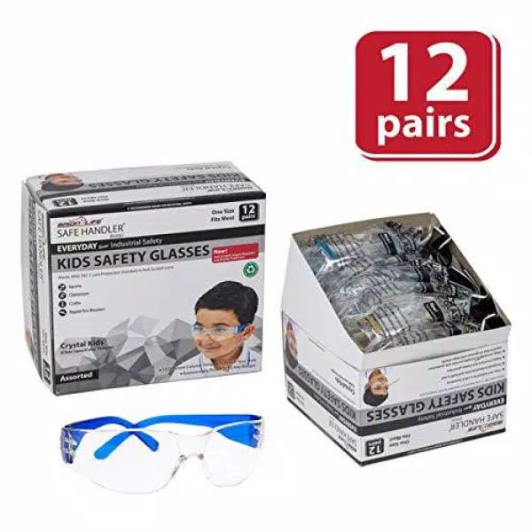 Safe Handler Kids Protective Safety Glasses, Clear Lens, Multi-Color Temple Variety Pack (Box of 12)