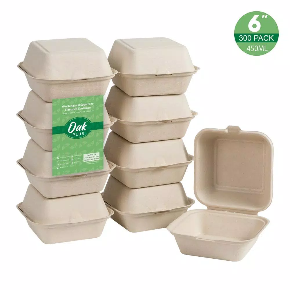Unbranded 6 in. White Sugarcane Clamshell Containers, Compostable & Eco-Friendly (300 Pack)