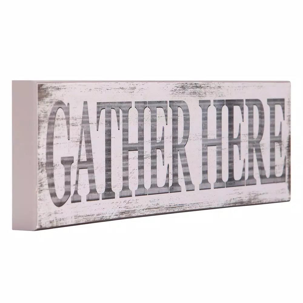 Pinnacle Gather Here Rustic Wood Wall Art - 6 in. x 36 in. Farmhouse White Wood Sign