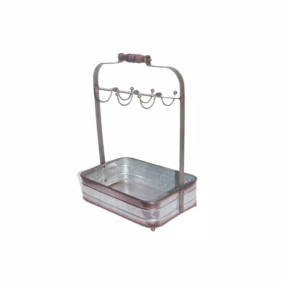Benzara Rustic Galvanized Metal 6-Hook Crockery Holder with Wooden Handle