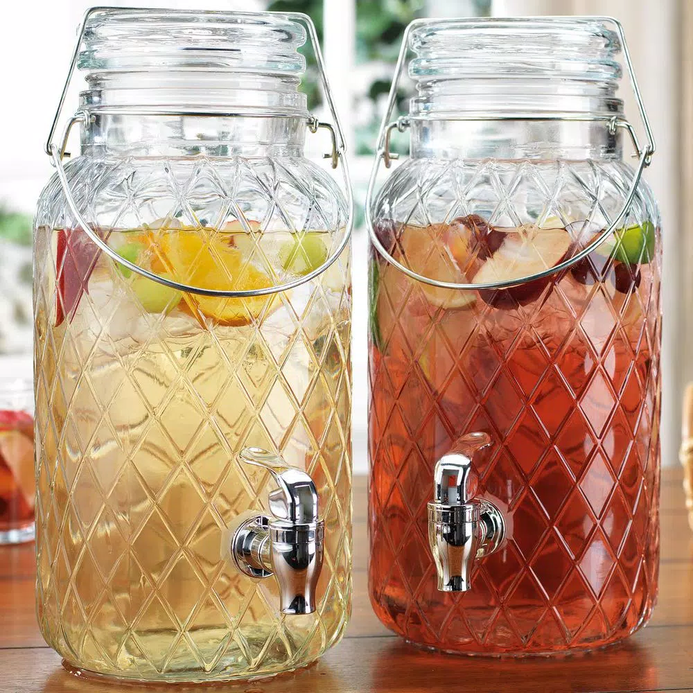 HOME ESSENTIALS AND BEYOND Set of 2 Glass Beverage Dispensers, 1 Gallon Capacity with Chrome Spouts