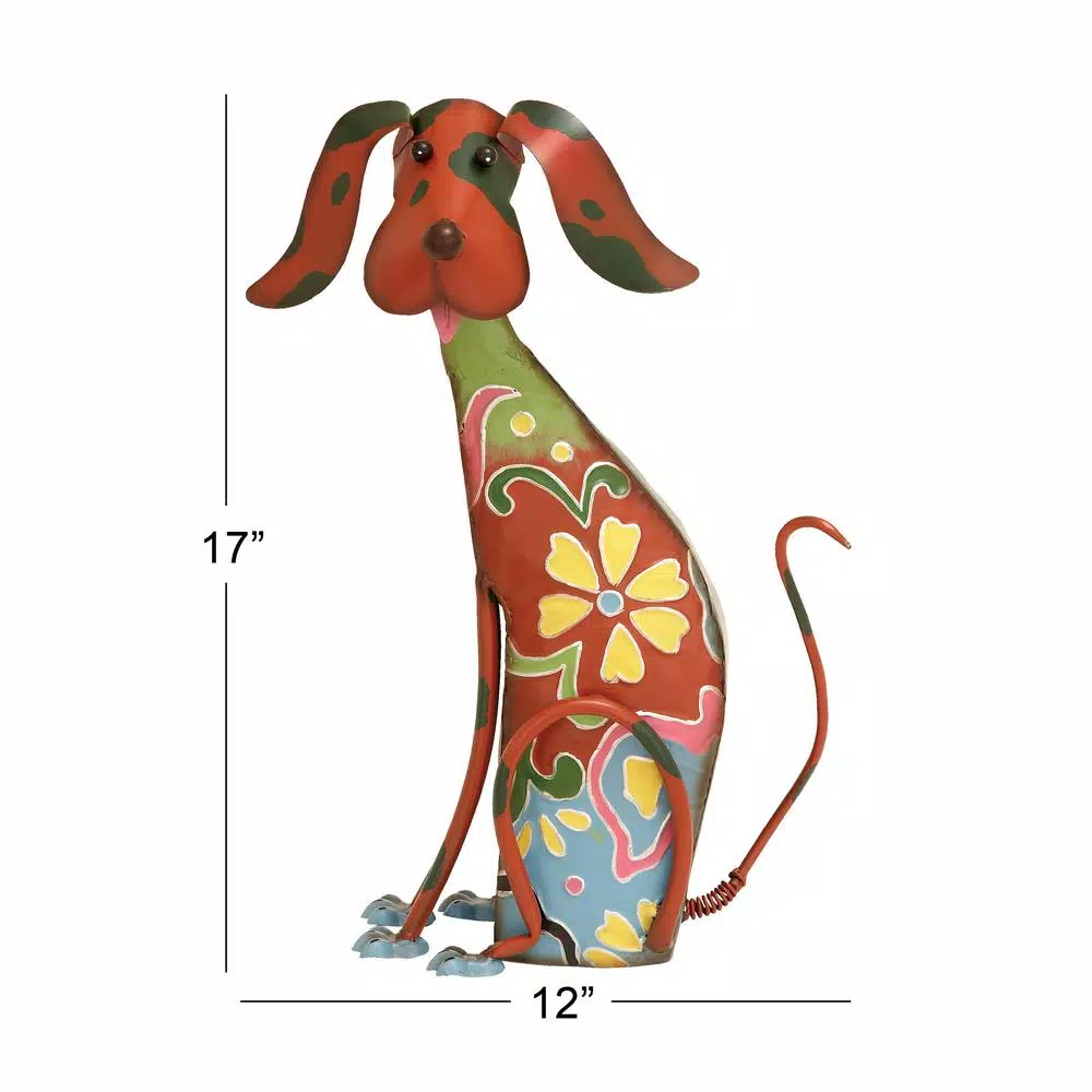 LITTON LANE Whimsical Dog Iron Sculpture with Floral Botanical Details and Wagging Spring Tail